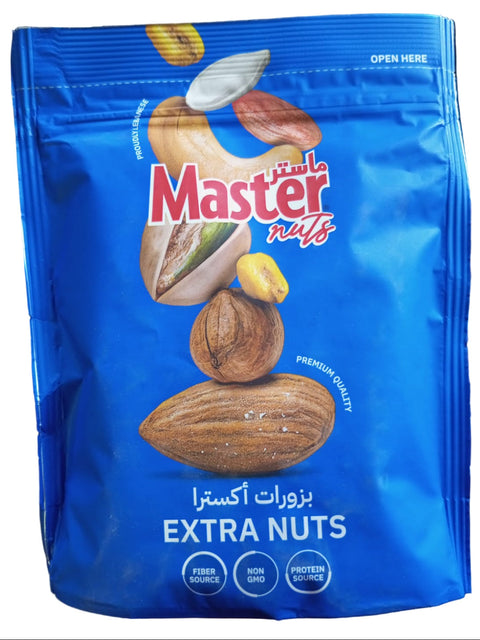 Blue packaging of Master Nuts Extra Nuts with images of almonds and text on a blurred background.