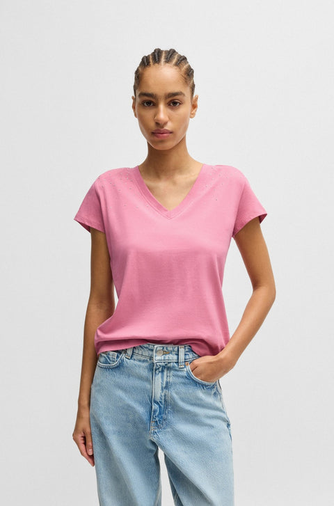 Boss Women's Pink V-Neck Cotton Embellishments T-Shirt | Boss In Lebanon