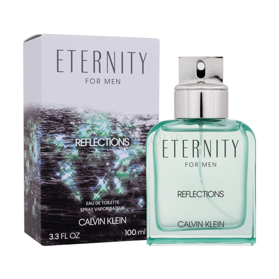 Calvin Klein Eternity for Men Reflections perfume bottle and packaging on a white background