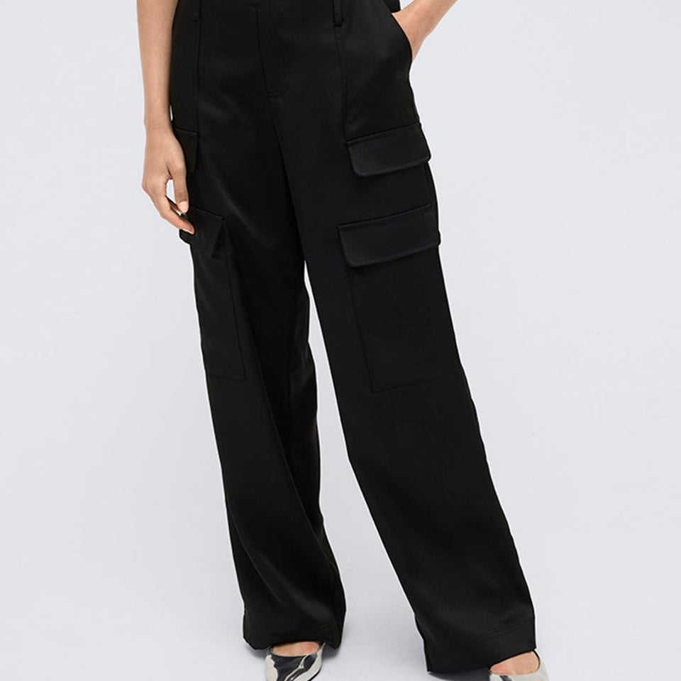 Kenneth Cole Womens Black High-Rise Satin Wide-Leg Cargo Pants