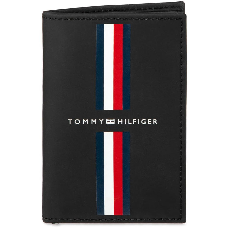Tommy Hilfiger Mens Black Striped Leather Pop Up Card Holder Wallet