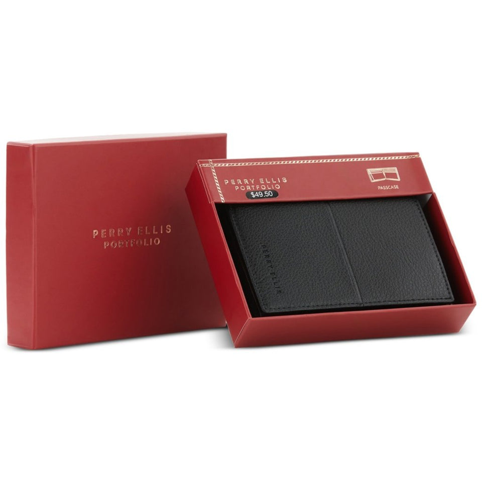 Perry Ellis Portfolio Mens Black Slim Faux-Leather Trifold Wallet