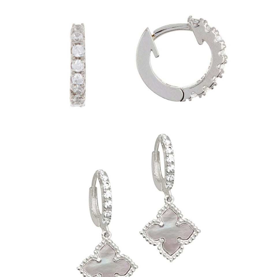 Adornia Womens Silver Mother of Pearl Flower Dangle and CZ Huggie Earring Set