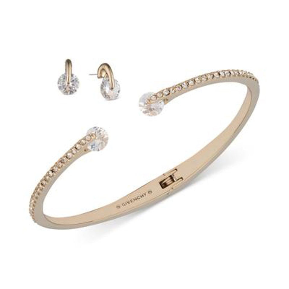 Givenchy Womens Gold Floating StoneCrystal Cuff Bracelet and Stud Earrings Set