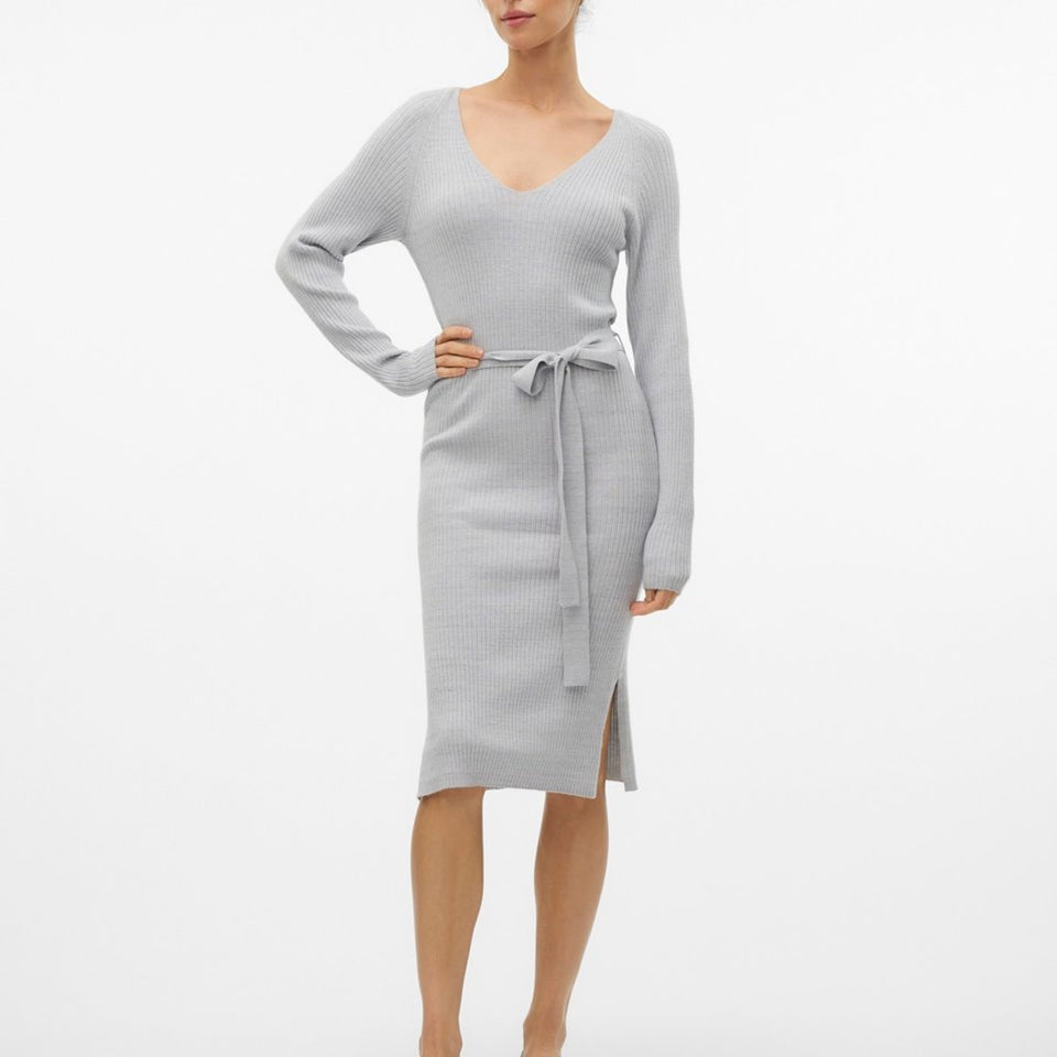 Vero Moda Womens Light Grey Ribbed Long-Sleeve V-Neck Dress