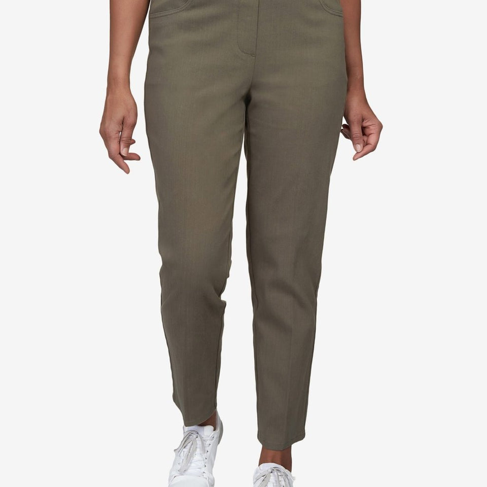 Alfred Dunner Women's Olive Mid-Rise Pull on Straight Leg Denim Pants