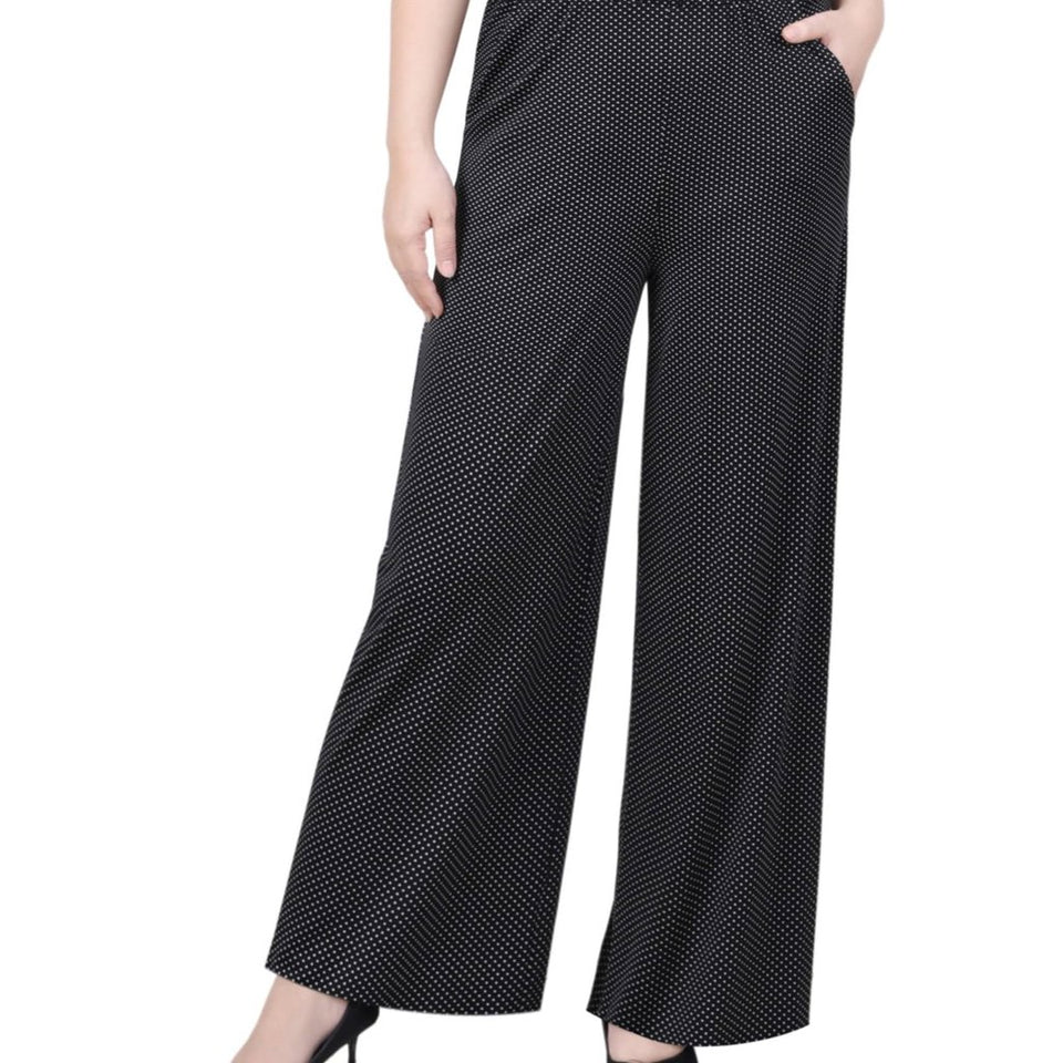 NY Collection Women's Black White Taranto Dot Polka Dot Wide Leg Casual Pants