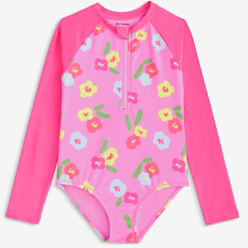 Epic Threads Girl's Ultra Pink Floral Print Long-Sleeve Rash Guard Swimsuit