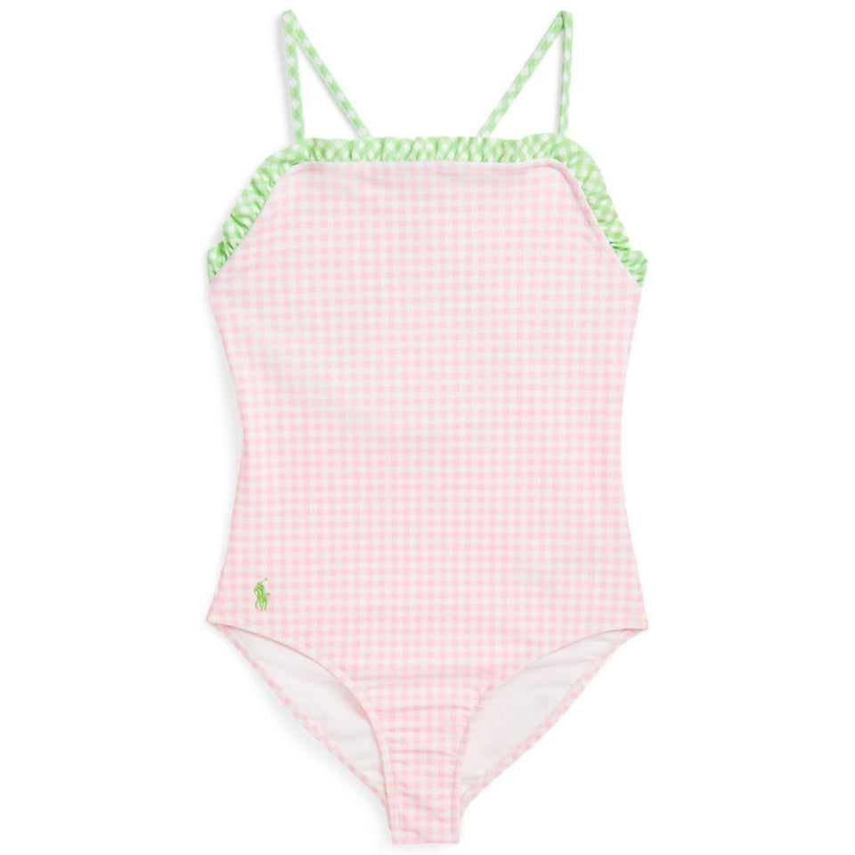 Polo Ralph Lauren Girl's Pink Green Gingham Ruffled One-Piece Swimsuit