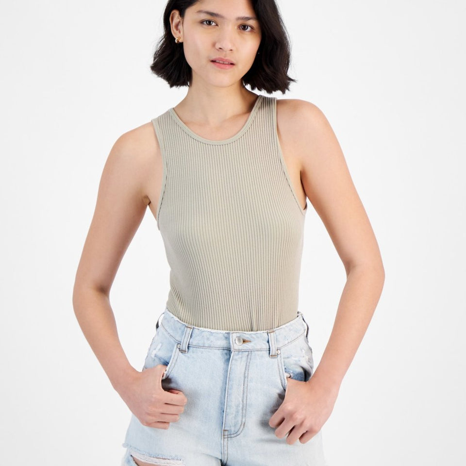 Hippie Rose Women's Khaki Green Mineral-Washed Ribbed Seamless Bodysuit