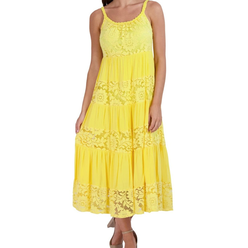 Robbie Bee Women's Yellow Lace-Inset Tiered Maxi Dress