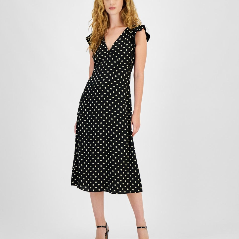 Lucy Paris Women's Black White Dot-Print Flutter-Sleeve MIDI Dress