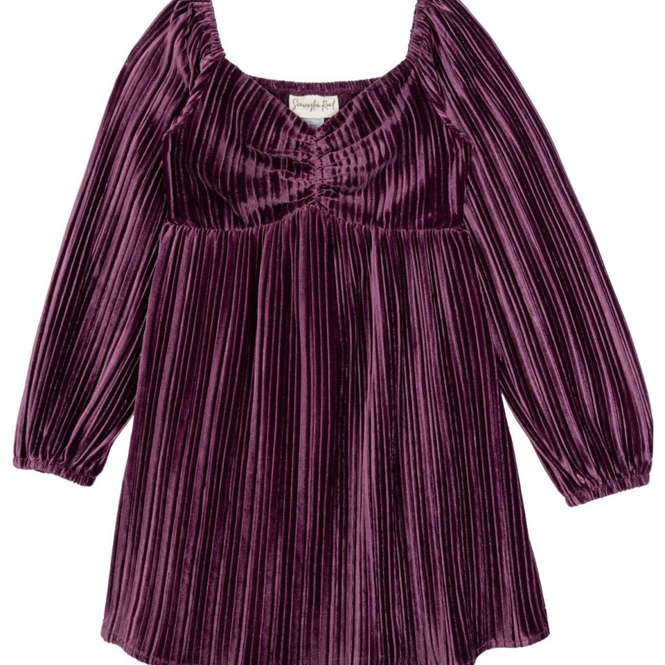 Rare Editions Women's Plum Eggplant Searington Road Pleated Velvet Baby Doll Dress