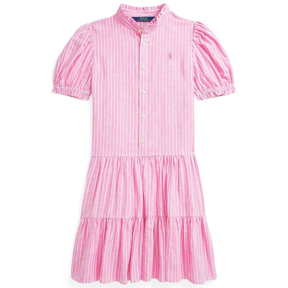 Polo Ralph Lauren Girl's Pink White Striped Tiered Linen-Cotton Dress