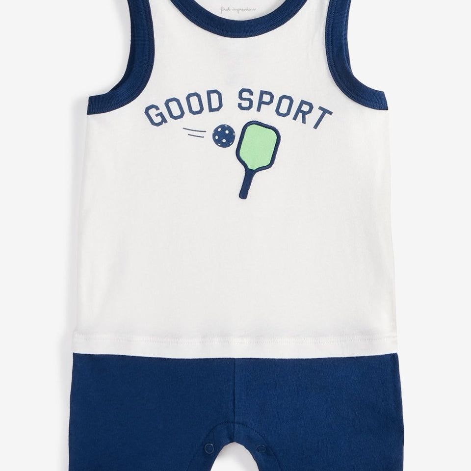 First Impressions Boy's White And Navy Angel White Good Sport Graphic Romper