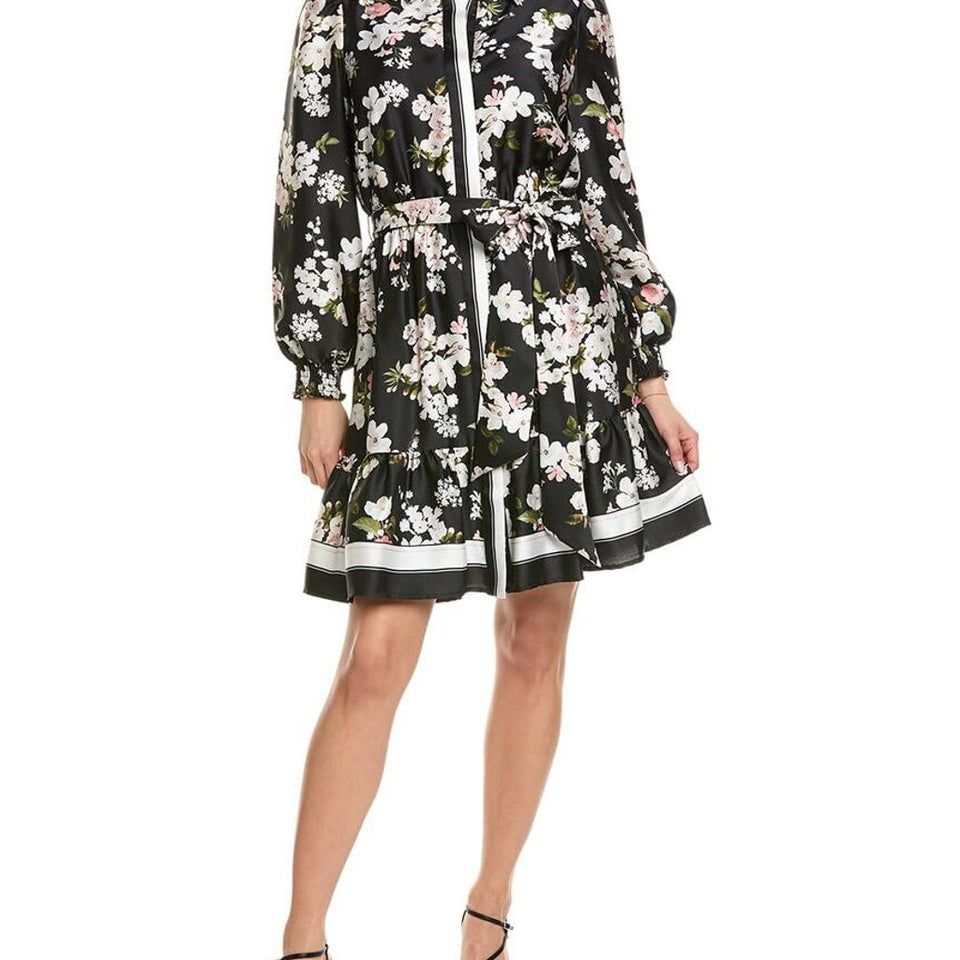 Anne Klein Women's Black Multi Long Sleeve Tiered Shirt Dress