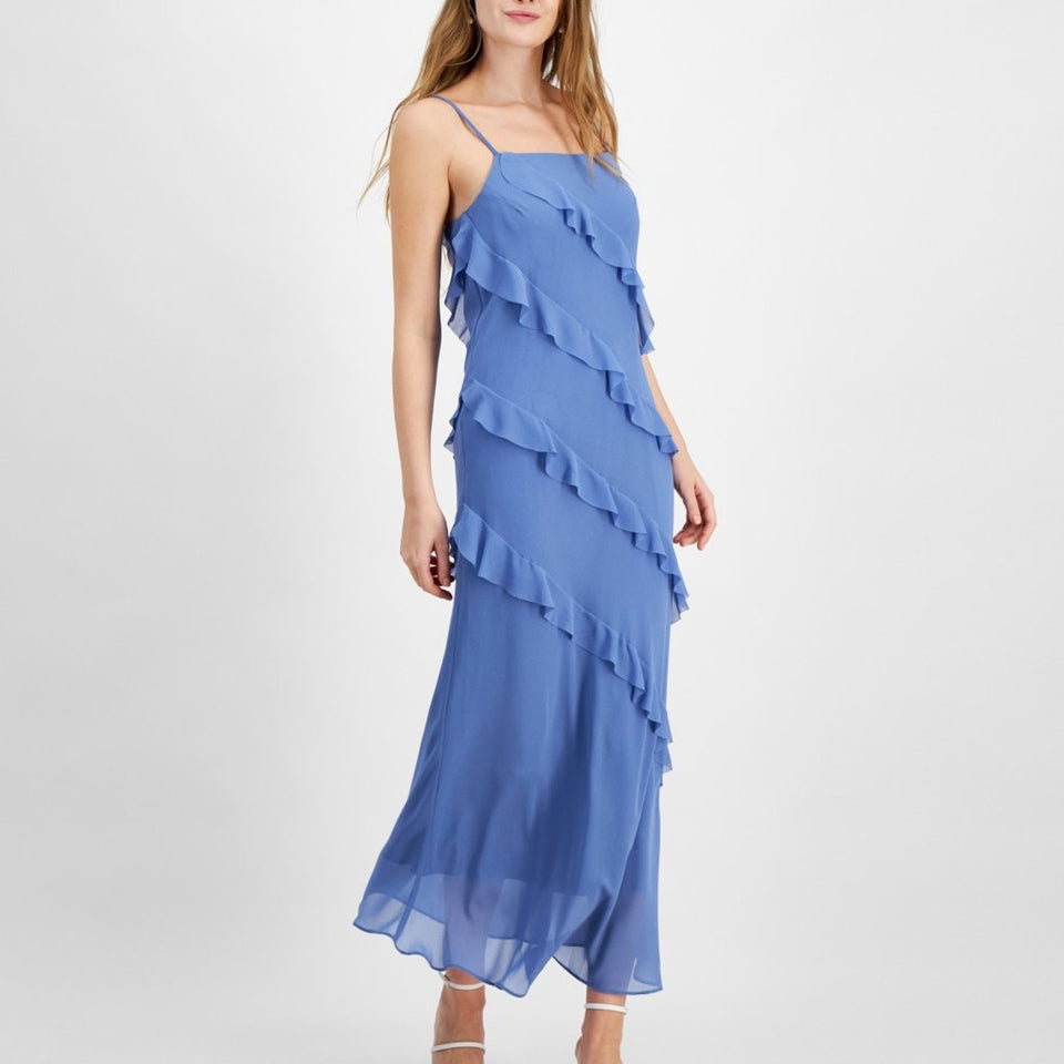 Lucy Paris Women's Blue Daria Bias-Ruffled Maxi Slip Dress