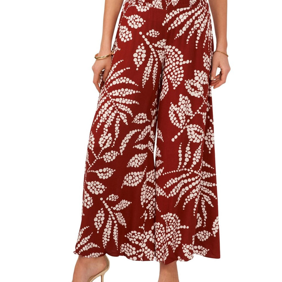 Vince Camuto Women's Rust Printed Smocked-Waist Wide-Leg Pants