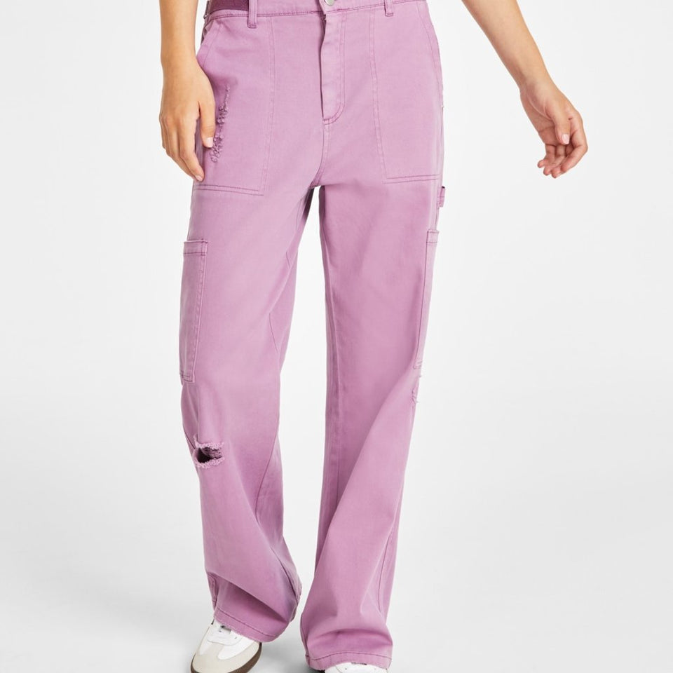 Ultra Flirt Women's Light Purple High-Rise Washed Cargo Jeans