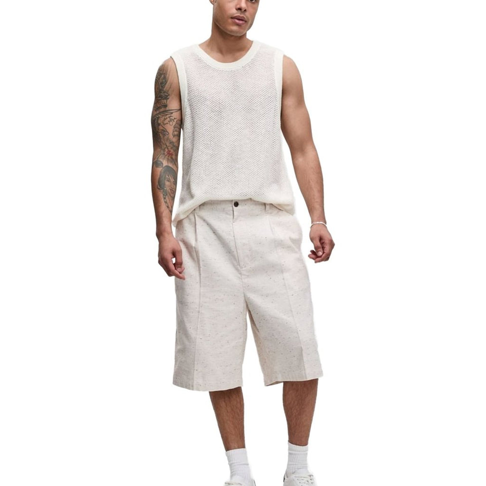 Mode Of One Men's Light Beige Speckled Textured Casual Walking Shorts