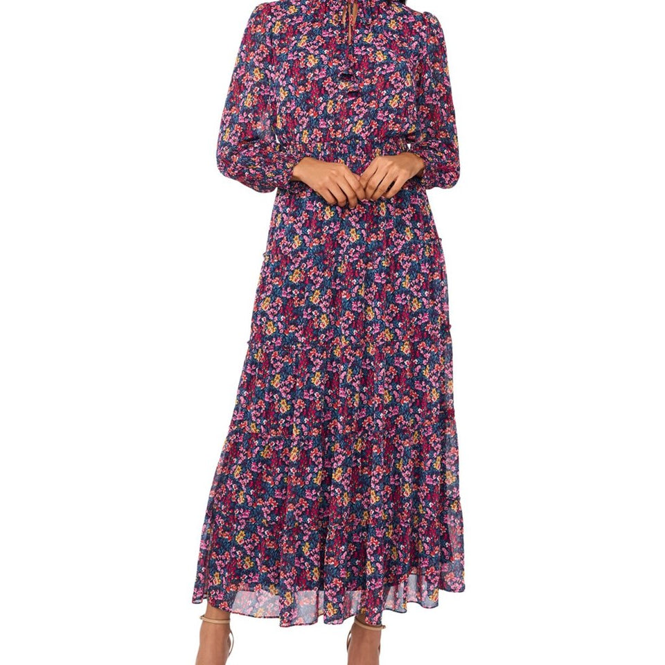 MSK Women's Multicolor Tie-Neck Smocked-Trim Tiered Maxi Dress