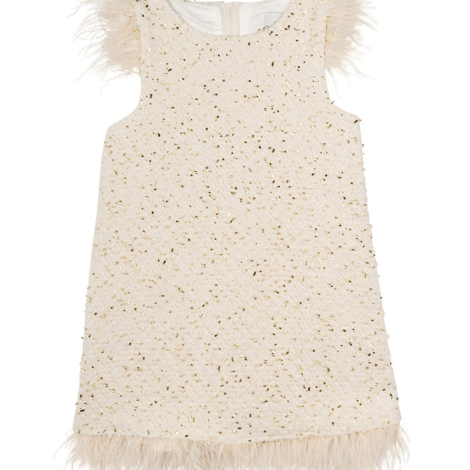 Rare Editions Girl's Cream Foil Boucle Faux Feather Social Dress