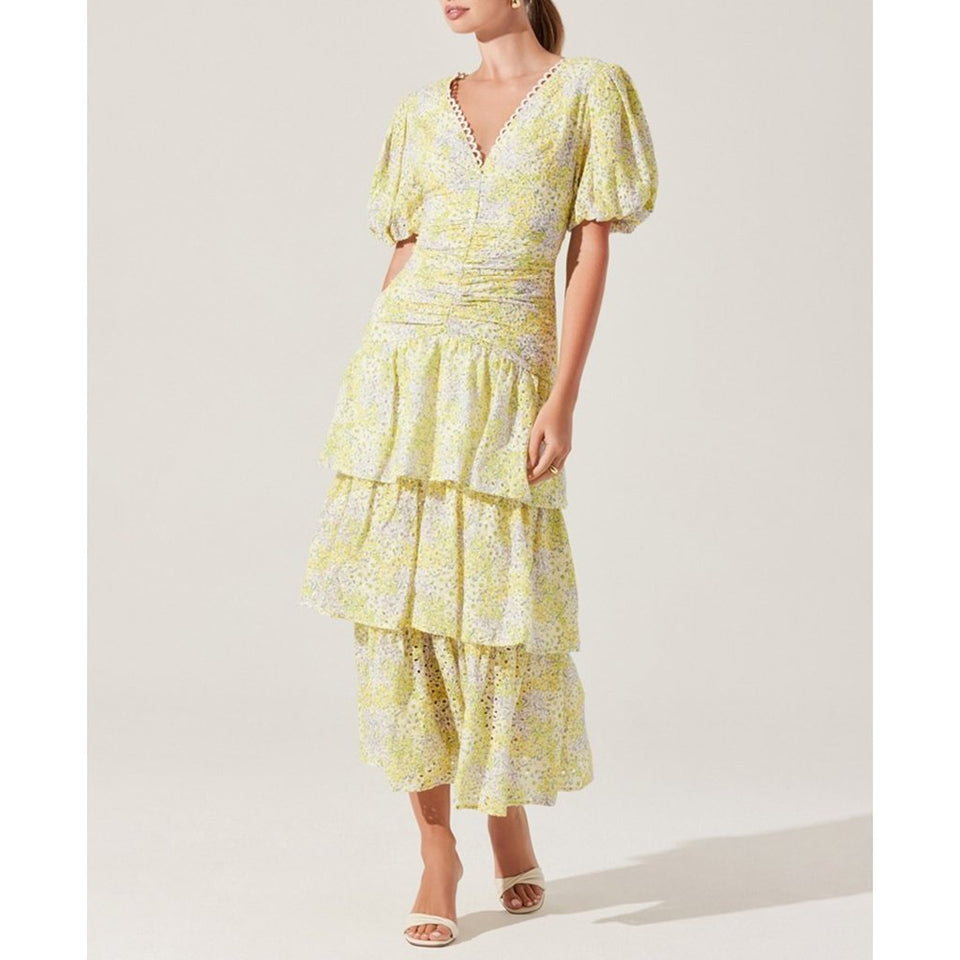Astr the Label Women's Butter Yellow Ditsy Floral Corinna Tiered Maxi Dress