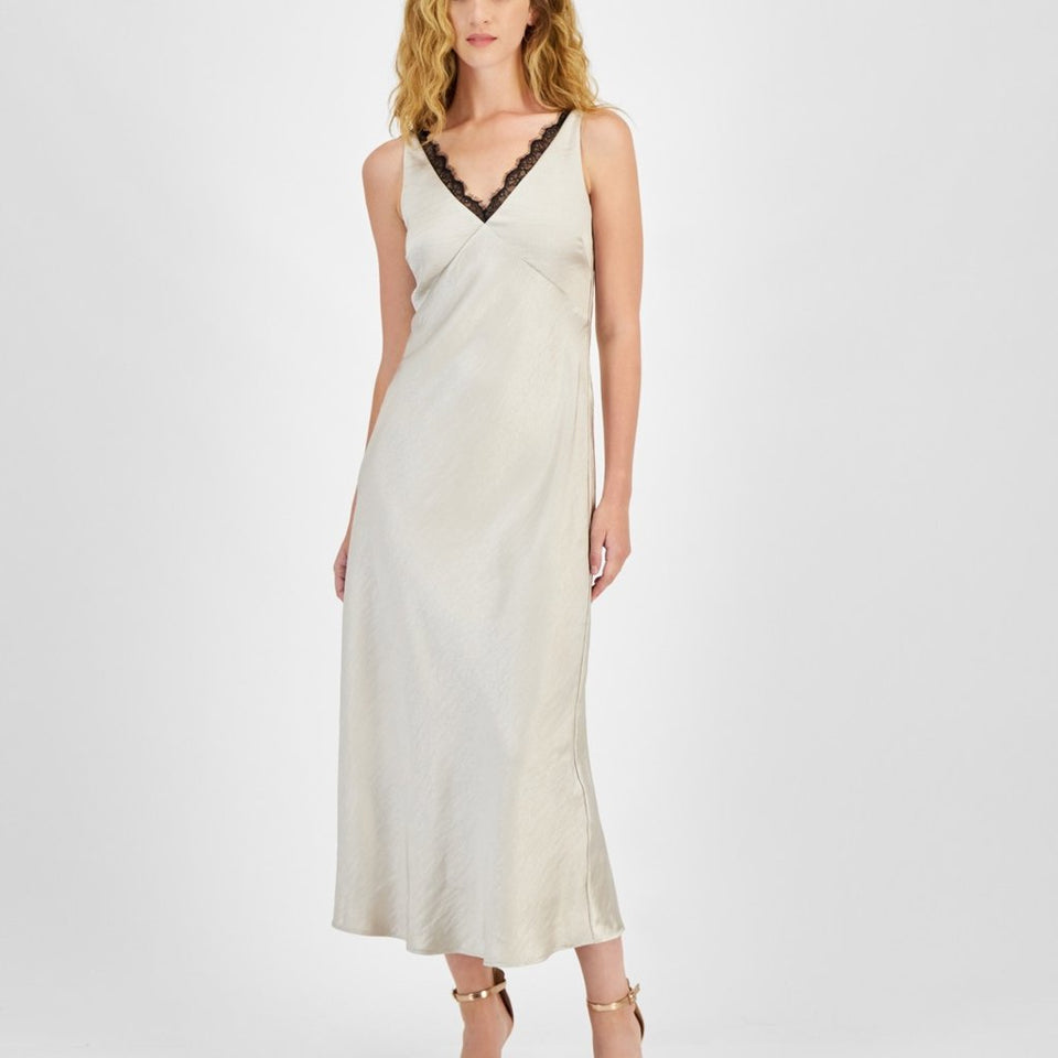Lucy Paris Women's Beige Champagne Kasen Lace-Trim Slip Dress