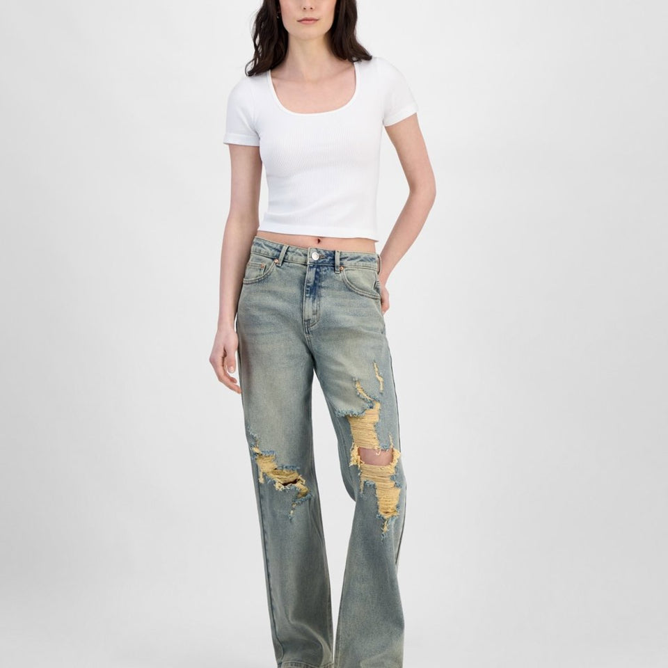 Madden Girl Women's Light Vintage Blue Tinted Wash Distressed 90s Wide Leg Jeans