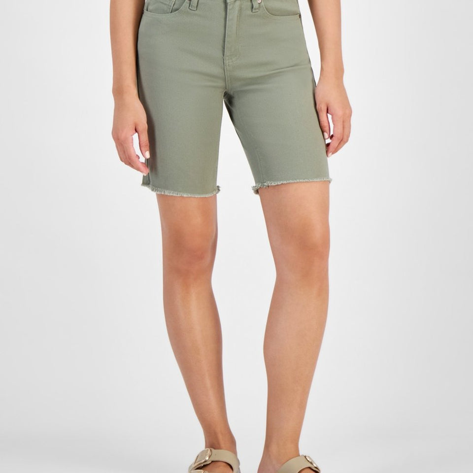 Dollhouse Women's Light Olive Green High-Rise Frayed-Hem Midi Shorts