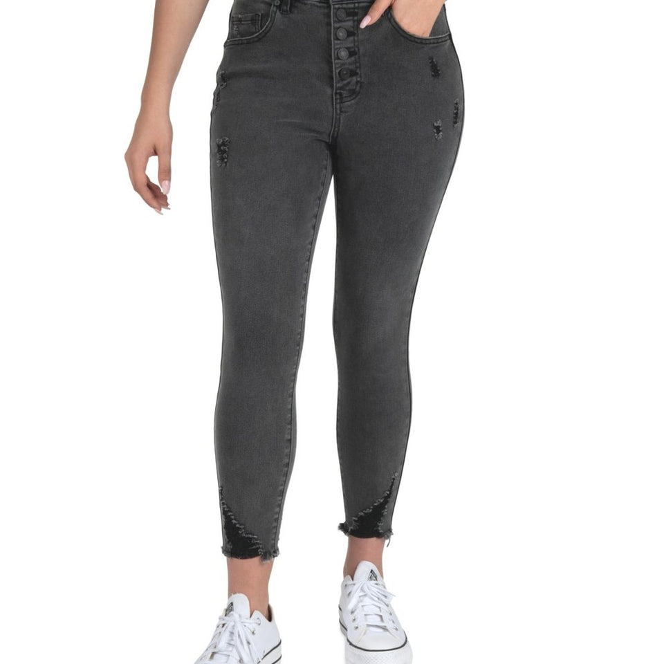Indigo Rein Women's Washed Black High-Rise Distressed Curvy Skinny Jeans