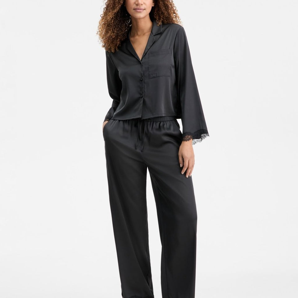 I.n.c. International Concepts Women's Black Long Sleeve Lace Trim Boxy Satin Notch Pajama Set