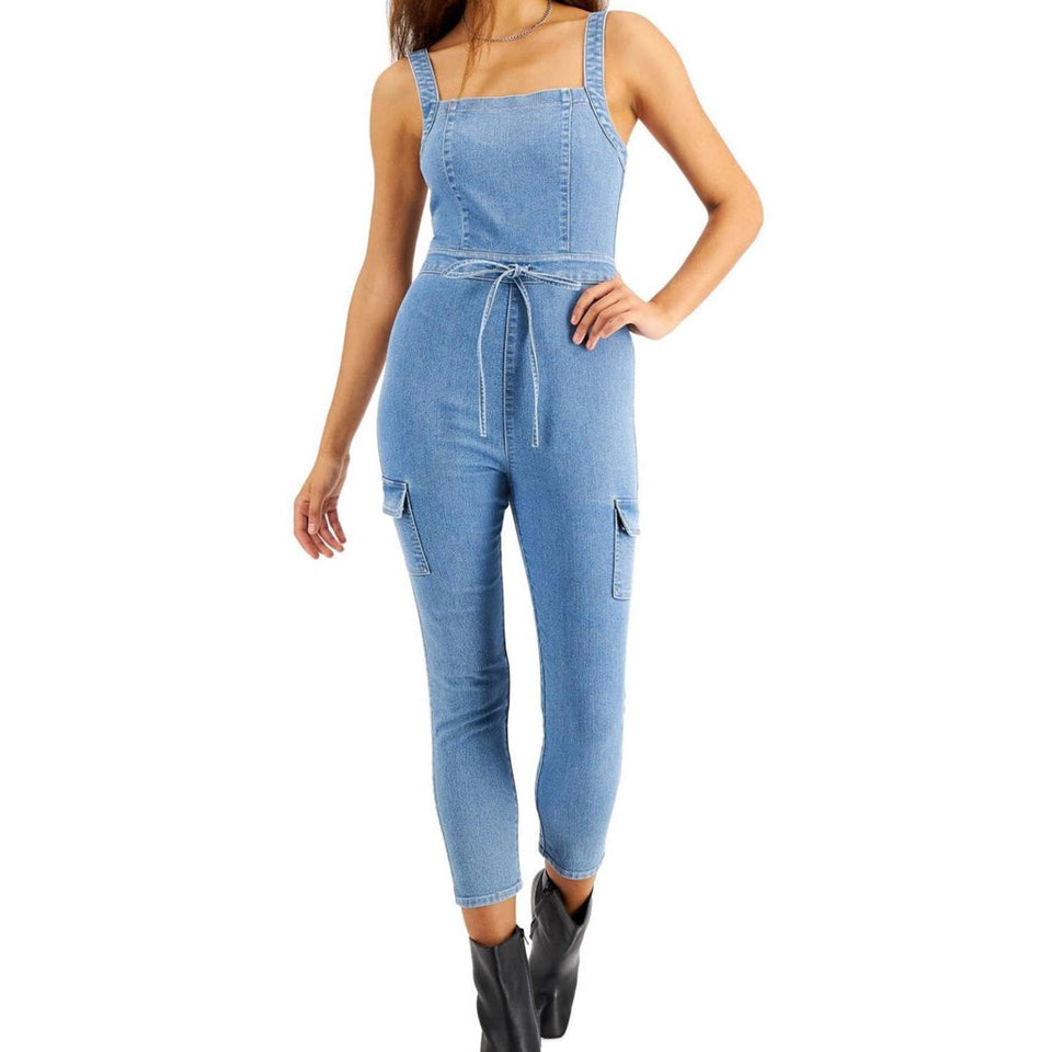 Tinseltown Women's Light Blue Belted Denim Jumpsuit
