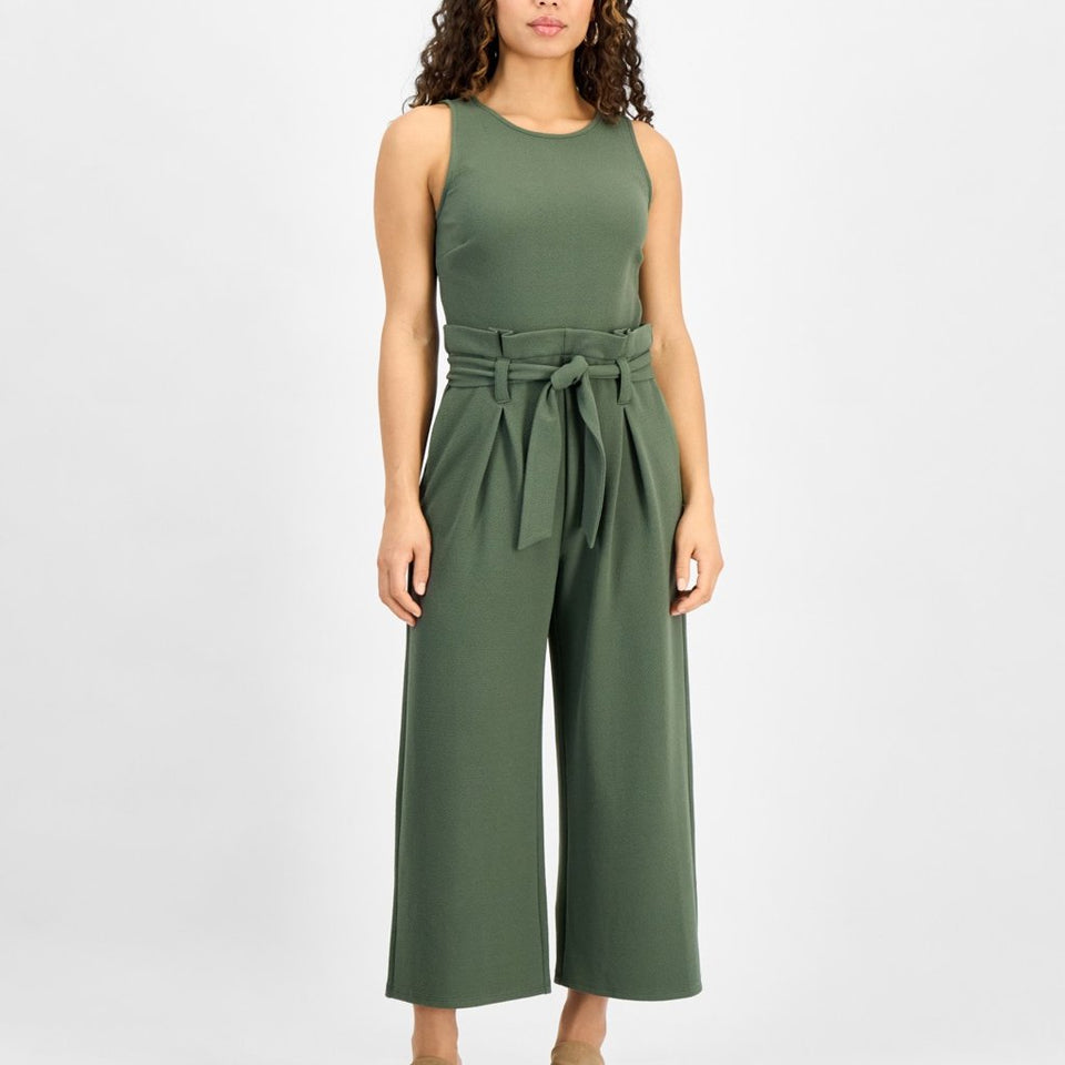 Bar Iii Women'sOlive Green Tie-Waist Sleeveless Crewneck Jumpsuit