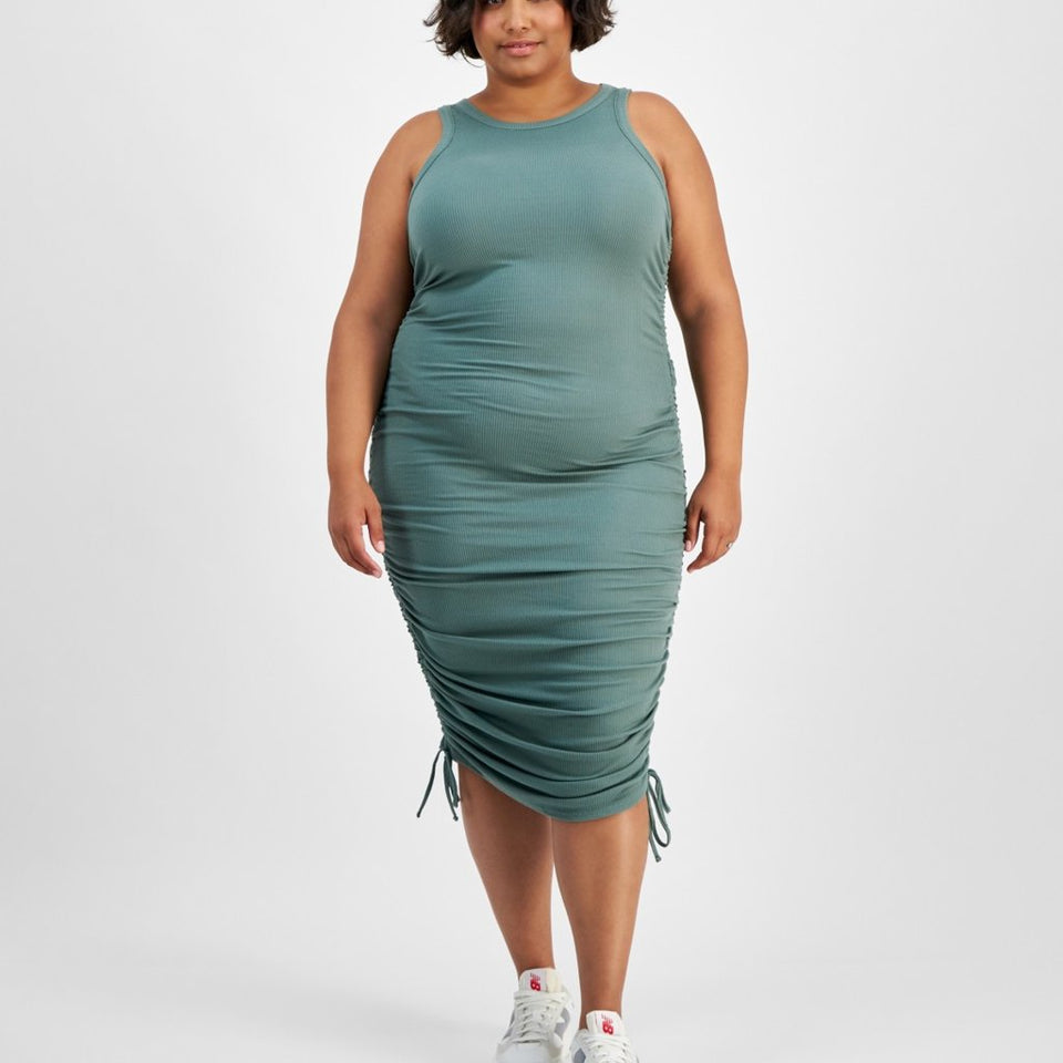 Derek Heart Women's Dark Green Ribbed Side-Ruched Bodycon Dress