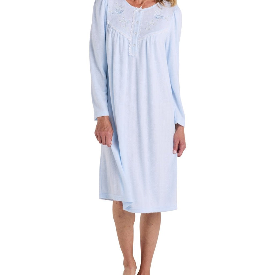 Miss Elaine Women's Light Blue Honeycomb Knit Embroidered Sleep Dress