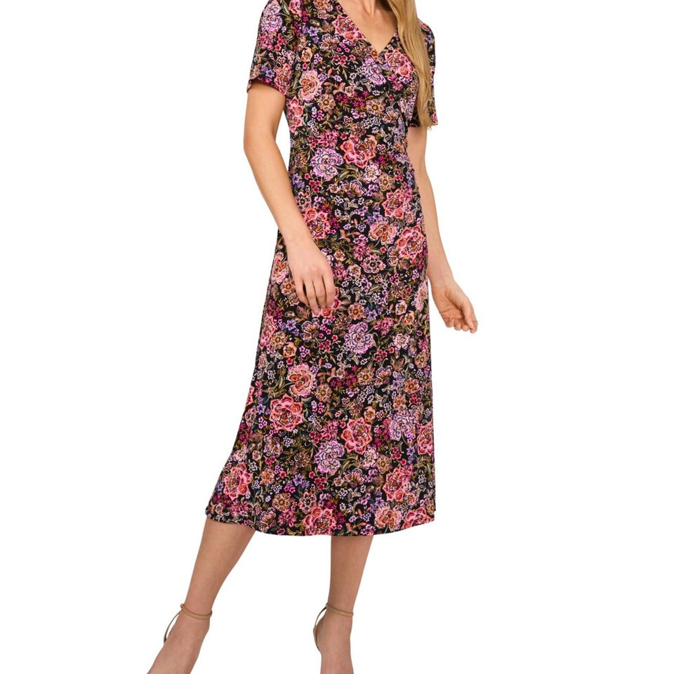 Msk Women's Black Floral-Print Short-Sleeve MidiDress