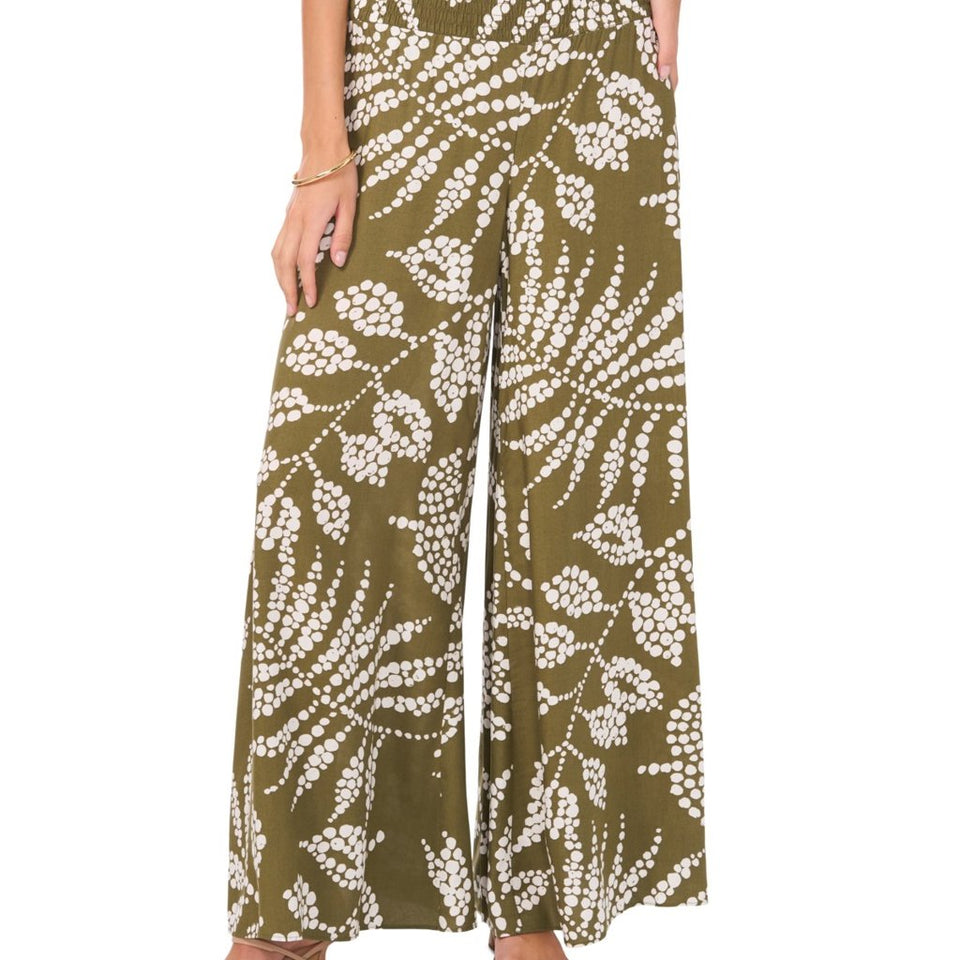 Vince Camuto Women'sGreen/White Tropical-Print Smocked Waist Wide-Leg Pants