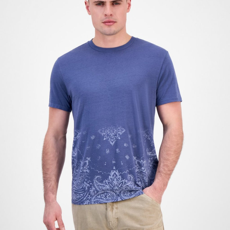 Guess Men'sBlue Multi Paisley Burnout Crewneck T-Shirt