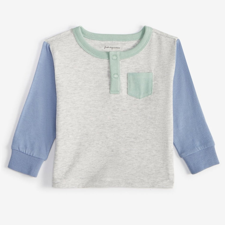 First Impressions Boy's Grey/Blue Slate Heather Color blocked Henley Blouse