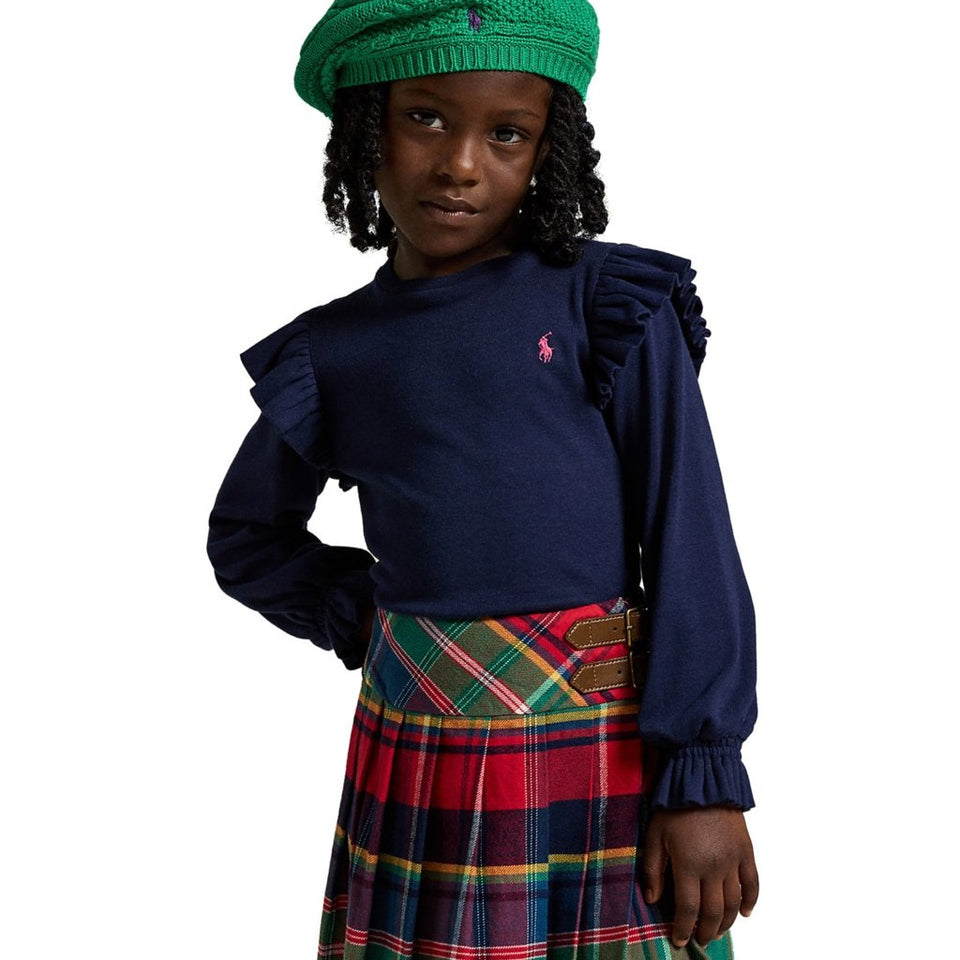 Polo Ralph Lauren Girl's Navy College Pink Ruffled Cotton-Modal Top