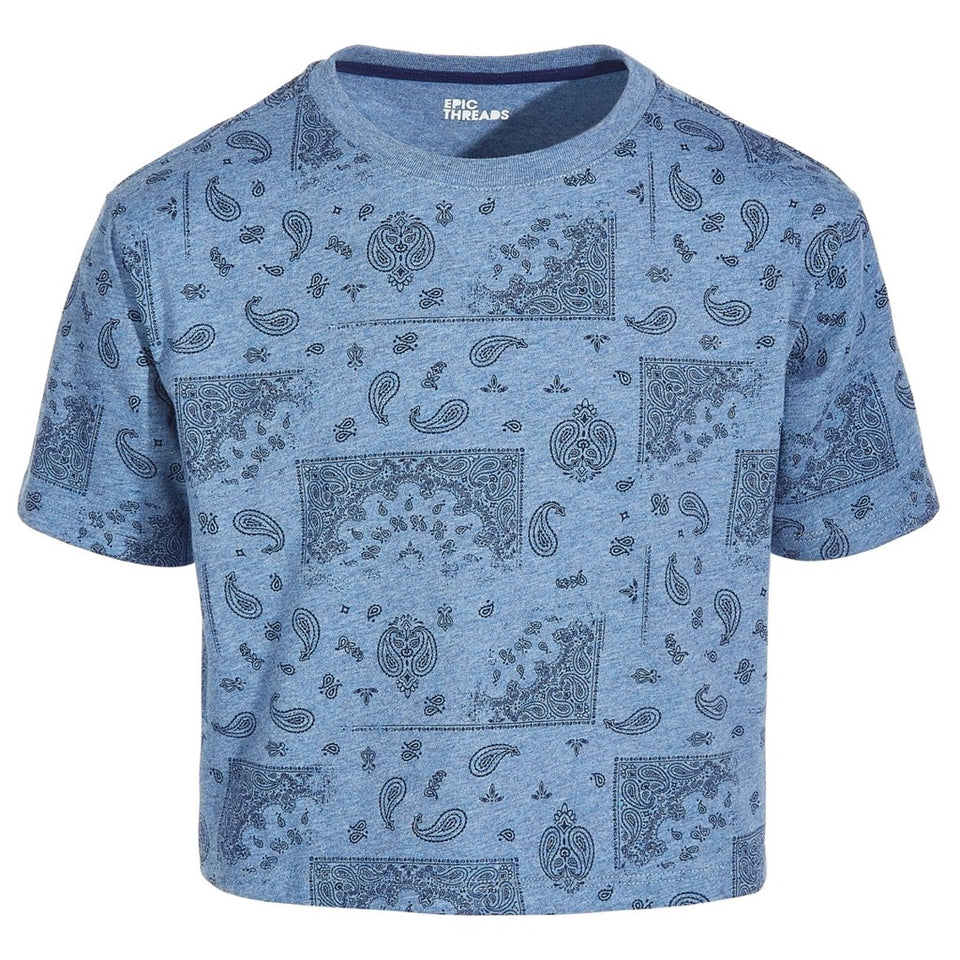 Epic Threads Girl's Blue Heather Bandana-Print Boxy T-Shirt