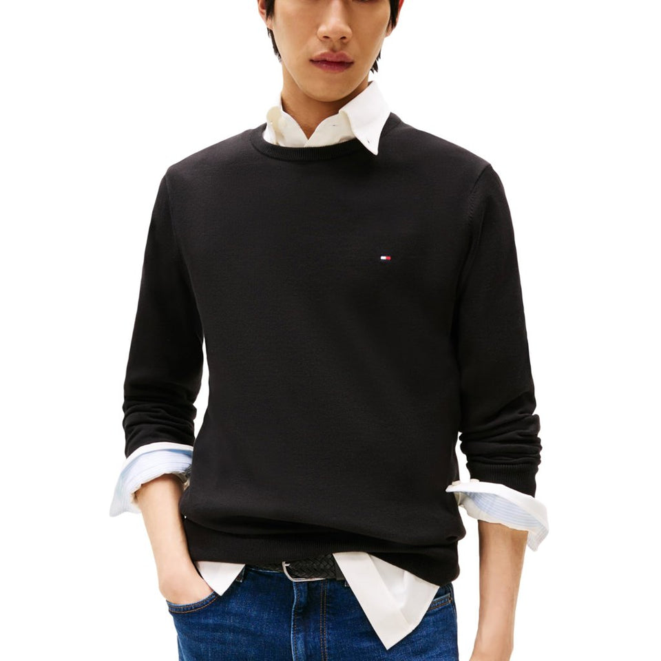 Tommy Hilfiger Men's Black Cotton Solid Crewneck Lightweight Pullover Sweater