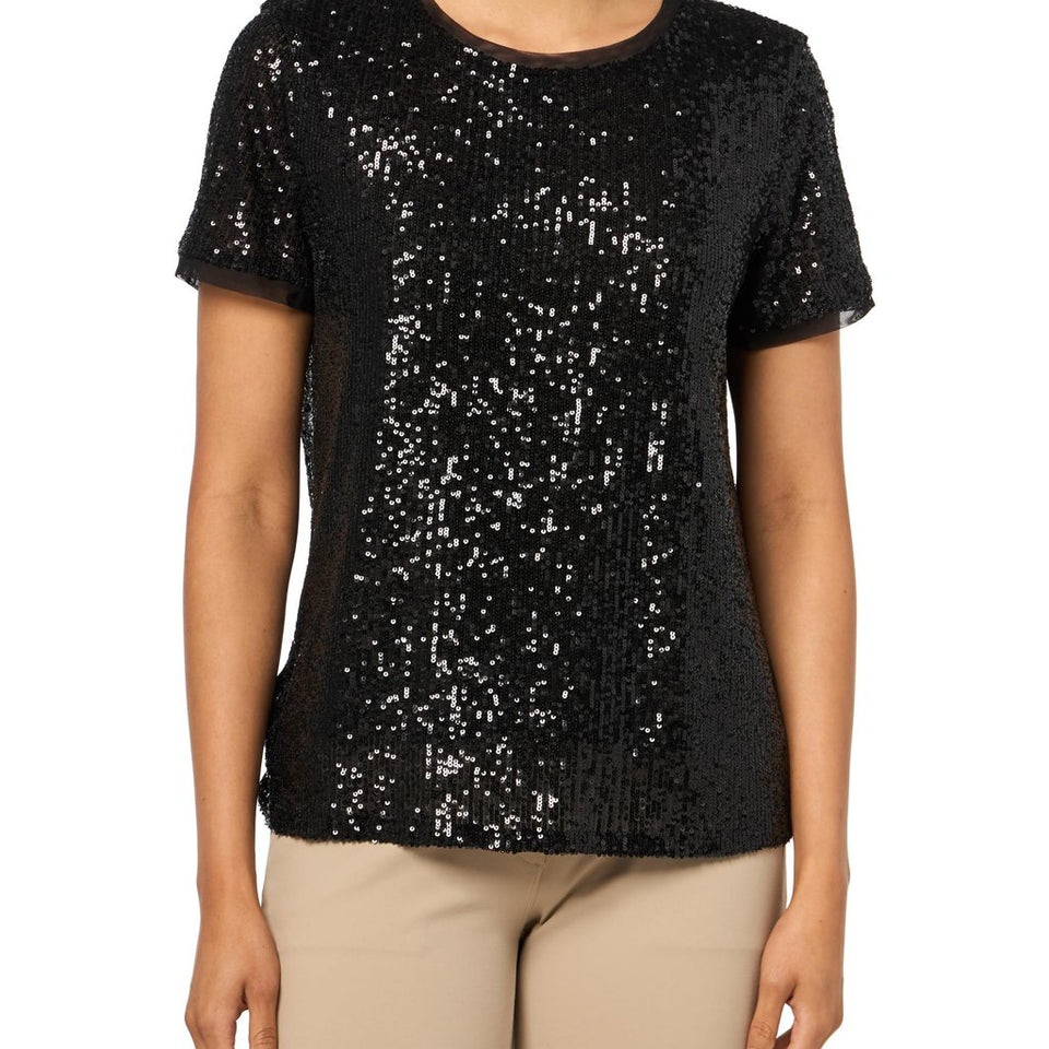 Anne Klein Women's Black Sequin Mesh Triple Mesh Banded T-Shirt