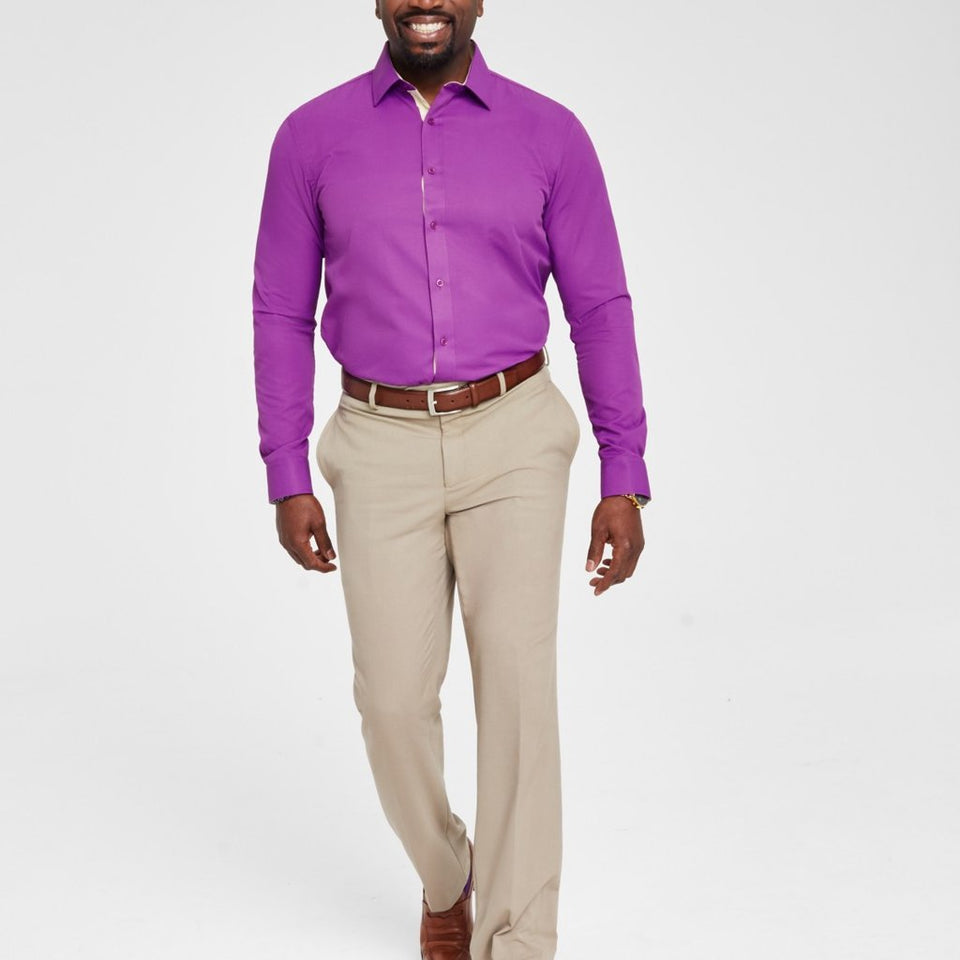Tayion Collection Men's Dark Purple Gold Slim-Fit Solid Dress Shirt