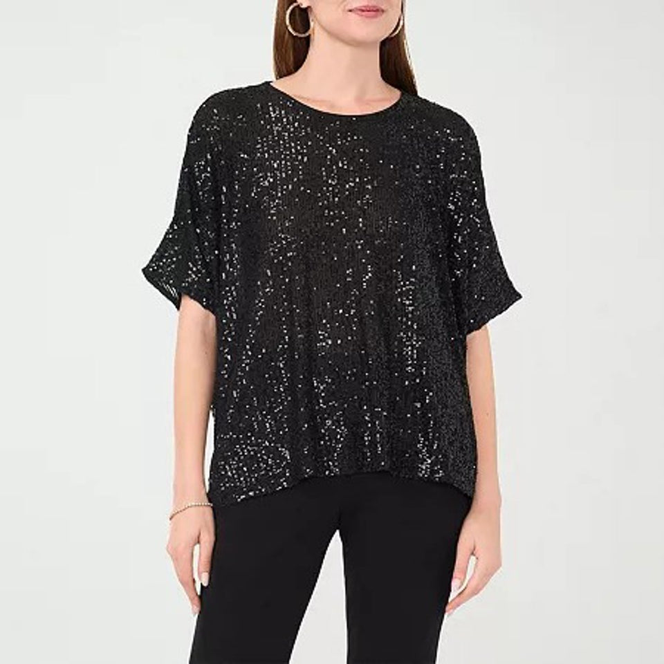 MSK Women's Black Sequin Round Neck Short Sleeve Blouse