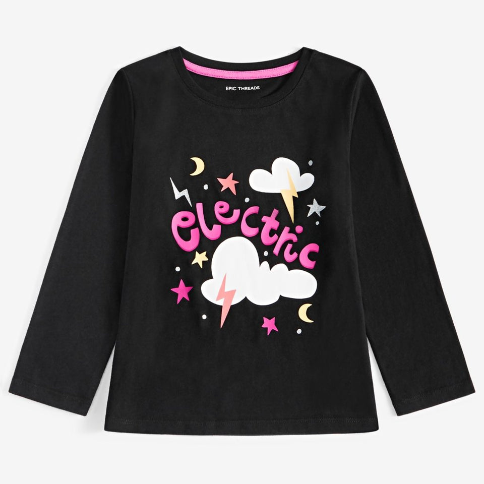 Epic Threads Girl's Deep Black Electric Graphic Long-Sleeve Blouse
