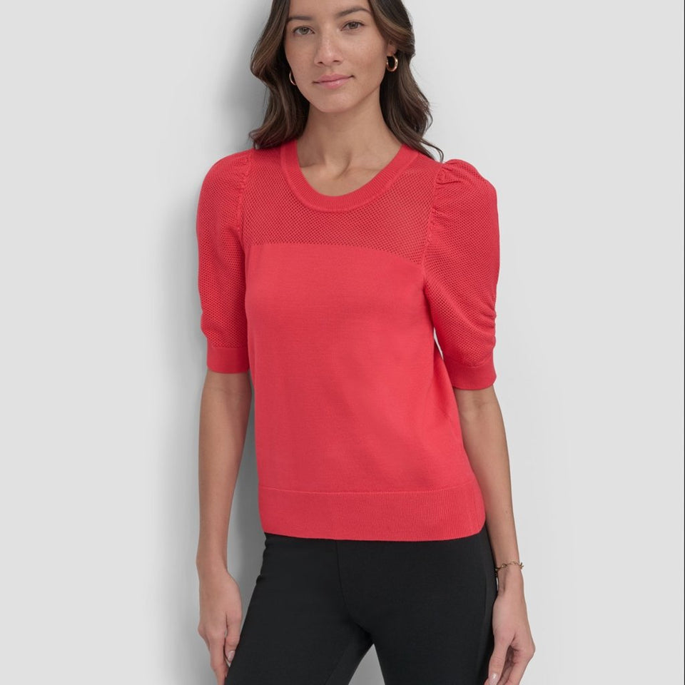 DKNY Women's Puffed Elbow-Sleeve Sheer Knit T-Shirt