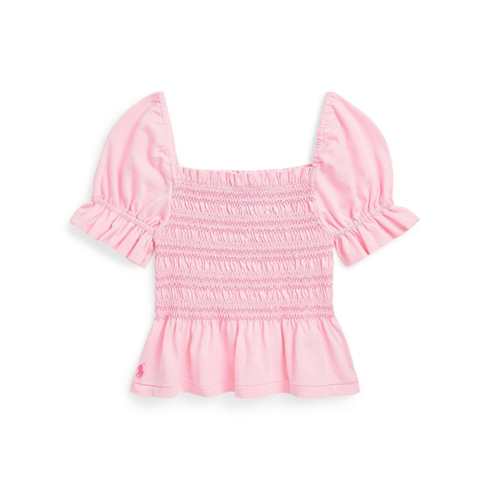 Polo Ralph Lauren Girl's Carmel Pink Smocked Cotton Jersey Peplum Blouse