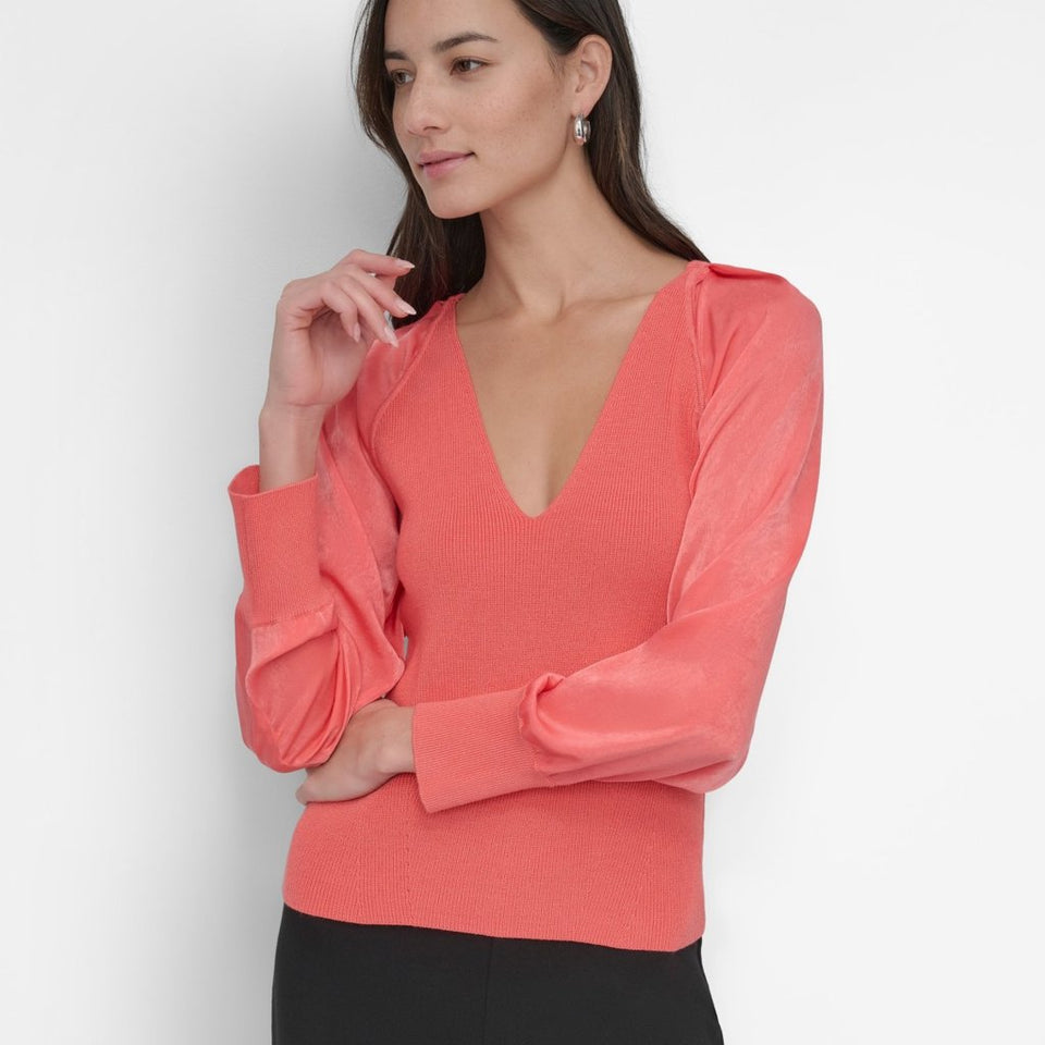 Dkny Women's Wtrmln Sug Mixed-Media V-Neck Blouse